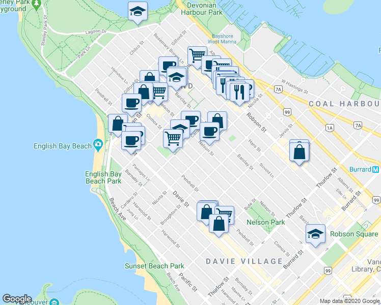map of restaurants, bars, coffee shops, grocery stores, and more near in Vancouver