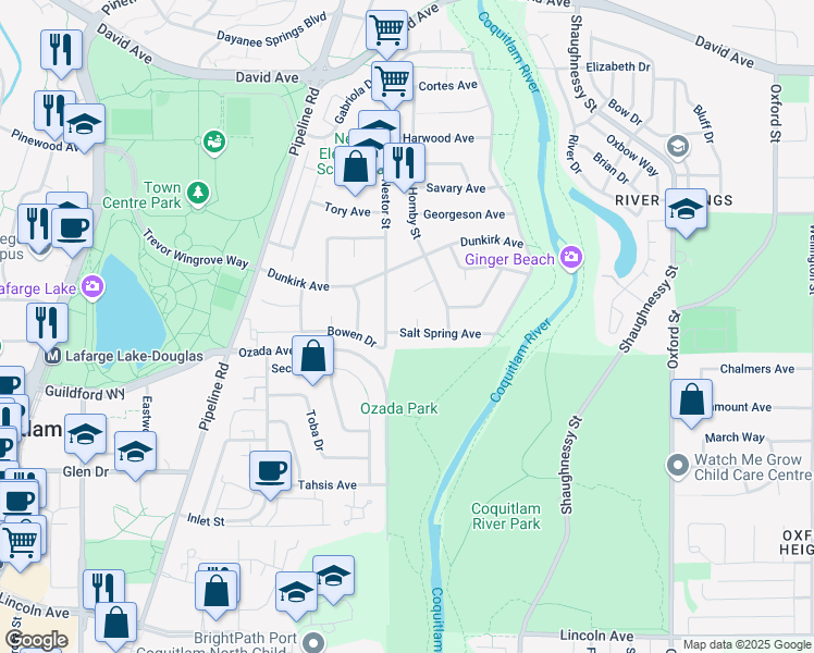 map of restaurants, bars, coffee shops, grocery stores, and more near 3207 Salt Spring Avenue in Coquitlam