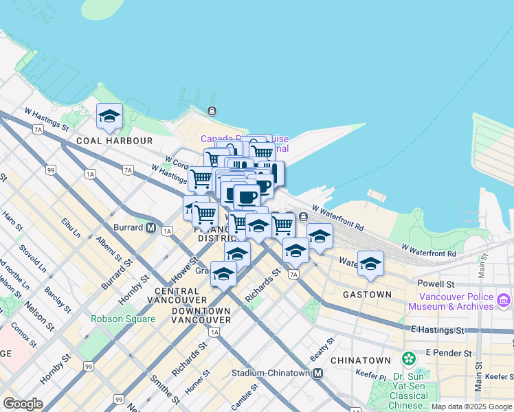 map of restaurants, bars, coffee shops, grocery stores, and more near West Cordova Street in Vancouver