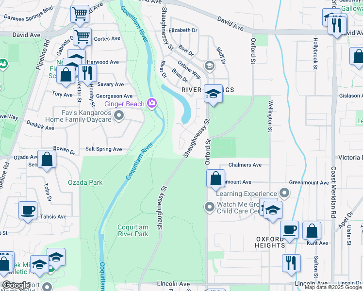 map of restaurants, bars, coffee shops, grocery stores, and more near 1184 Parkland Drive in Coquitlam