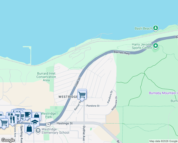 map of restaurants, bars, coffee shops, grocery stores, and more near 7287 Barnet Road in Burnaby
