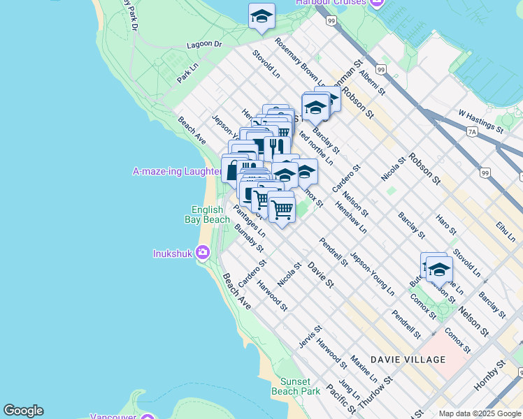 map of restaurants, bars, coffee shops, grocery stores, and more near 1703 Davie Street in Vancouver