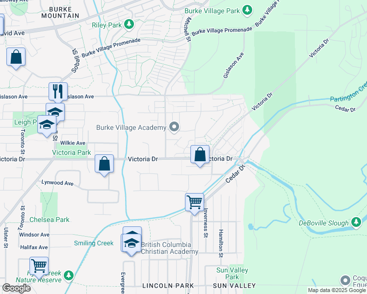 map of restaurants, bars, coffee shops, grocery stores, and more near 1220 Rocklin Street in Coquitlam
