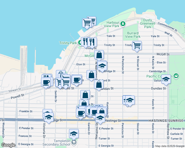 map of restaurants, bars, coffee shops, grocery stores, and more near 2328 Cambridge Street in Vancouver