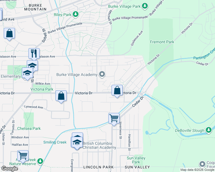 map of restaurants, bars, coffee shops, grocery stores, and more near 1220 Rocklin Street in Coquitlam