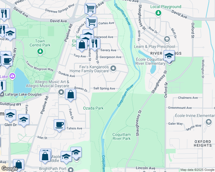 map of restaurants, bars, coffee shops, grocery stores, and more near 1201 Hornby Street in Coquitlam