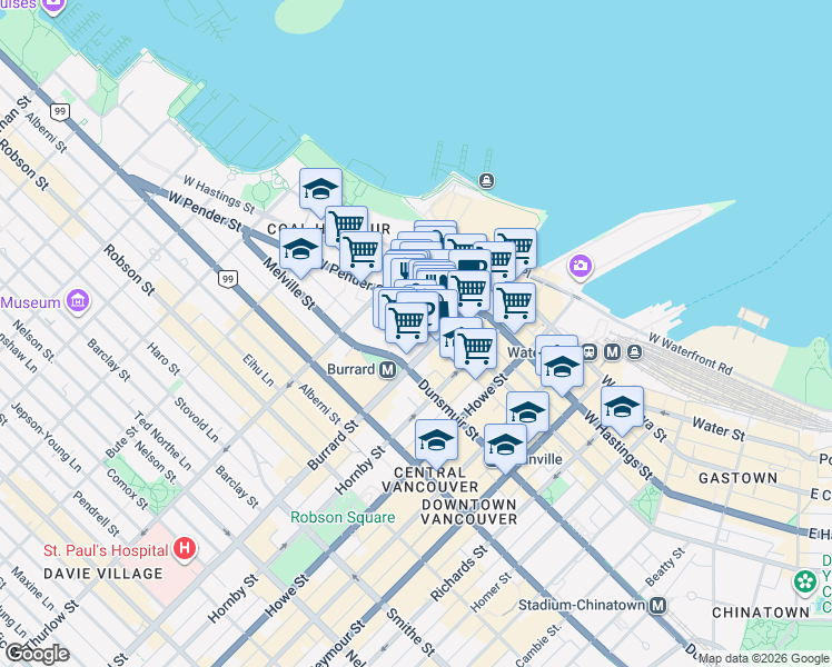 map of restaurants, bars, coffee shops, grocery stores, and more near in Vancouver