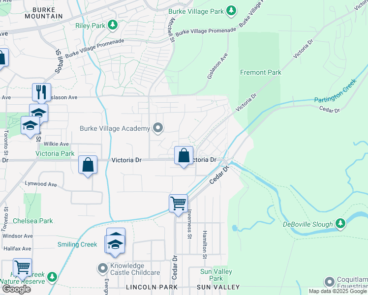 map of restaurants, bars, coffee shops, grocery stores, and more near 3539 Victoria Drive in Coquitlam