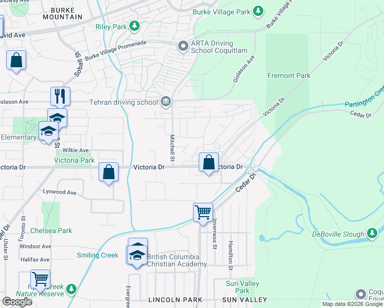 map of restaurants, bars, coffee shops, grocery stores, and more near 1220 Rocklin Street in Coquitlam