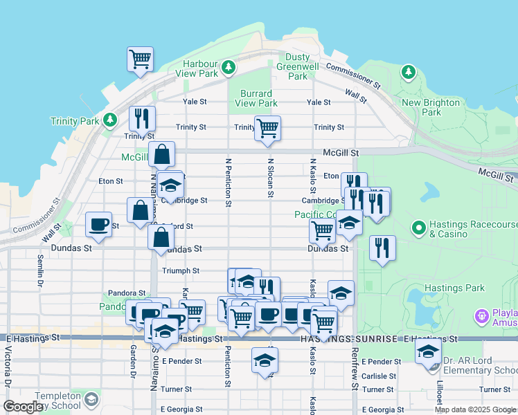map of restaurants, bars, coffee shops, grocery stores, and more near 2680 Cambridge Street in Vancouver