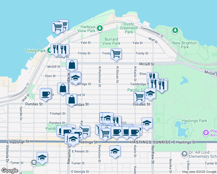 map of restaurants, bars, coffee shops, grocery stores, and more near 2650 Cambridge Street in Vancouver