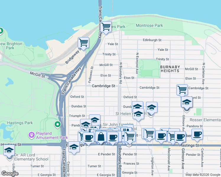 map of restaurants, bars, coffee shops, grocery stores, and more near 3624 Cambridge Street in Vancouver