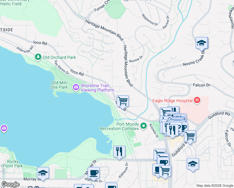 map of restaurants, bars, coffee shops, grocery stores, and more near 380 Metta Street in Port Moody