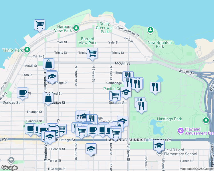 map of restaurants, bars, coffee shops, grocery stores, and more near 2790 Cambridge Street in Vancouver