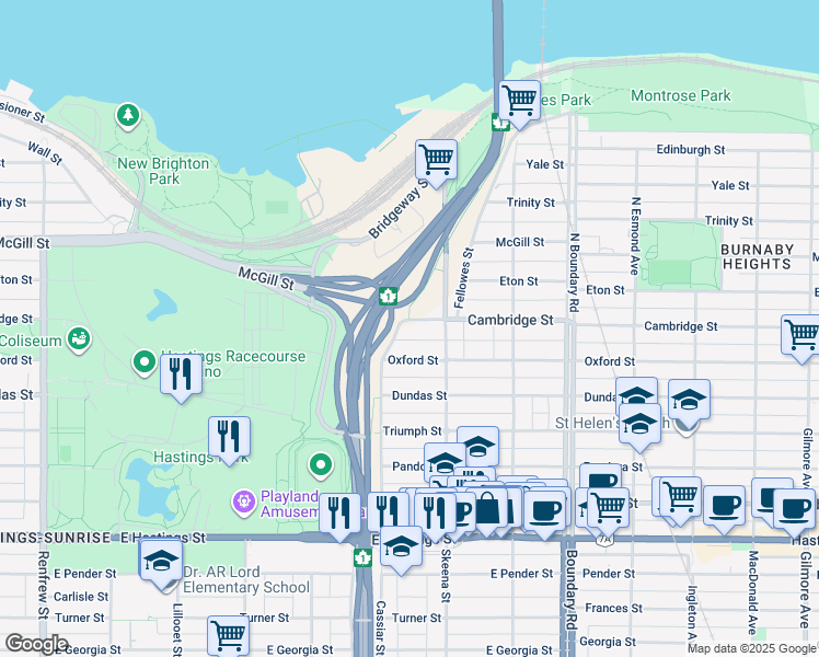 map of restaurants, bars, coffee shops, grocery stores, and more near 3436 Cambridge Street in Vancouver