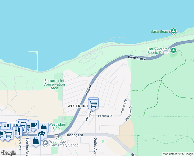 map of restaurants, bars, coffee shops, grocery stores, and more near 7288 Inlet Drive in Burnaby