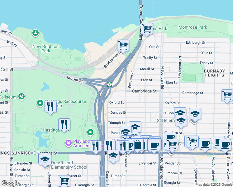 map of restaurants, bars, coffee shops, grocery stores, and more near 3440 Cambridge Street in Vancouver