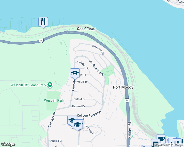 map of restaurants, bars, coffee shops, grocery stores, and more near 749 Carleton Drive in Port Moody