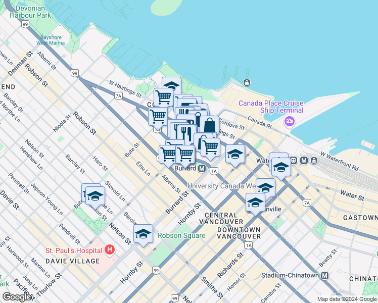 map of restaurants, bars, coffee shops, grocery stores, and more near in Vancouver