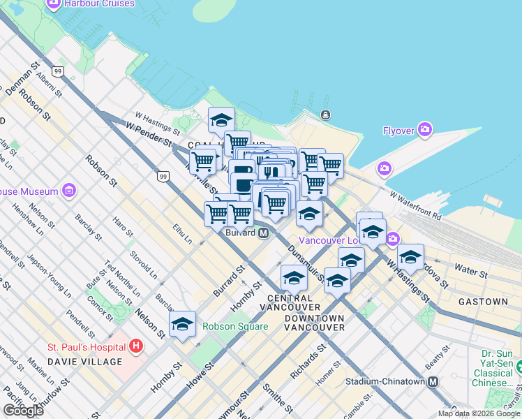 map of restaurants, bars, coffee shops, grocery stores, and more near 1055 Dunsmuir Street in Vancouver