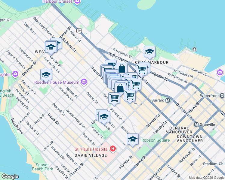 map of restaurants, bars, coffee shops, grocery stores, and more near 1258 Robson Street in Vancouver