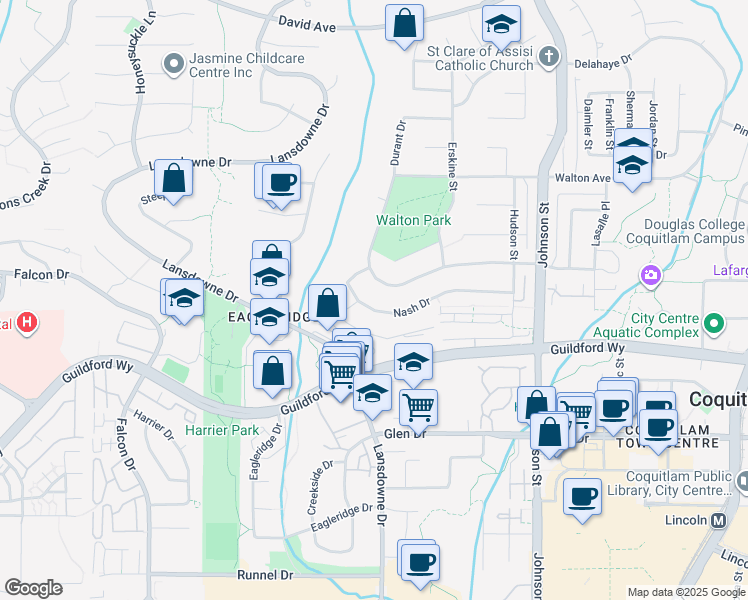 map of restaurants, bars, coffee shops, grocery stores, and more near 2825 Nash Drive in Coquitlam