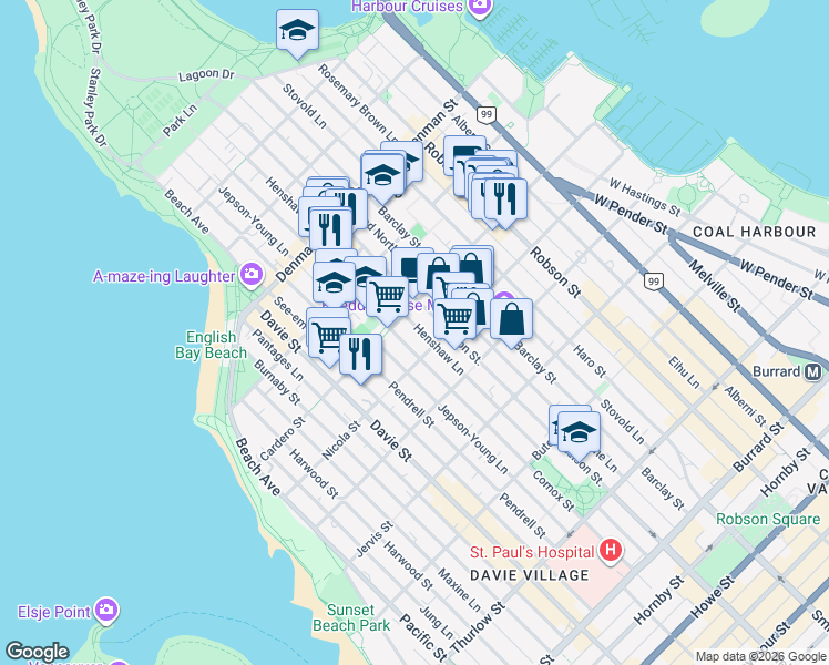 map of restaurants, bars, coffee shops, grocery stores, and more near 1534 Henshaw Lane in Vancouver