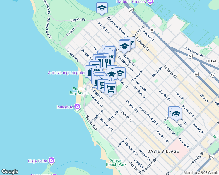 map of restaurants, bars, coffee shops, grocery stores, and more near 1666 Pendrell Street in Vancouver
