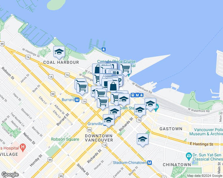 map of restaurants, bars, coffee shops, grocery stores, and more near 837 West Hastings Street in Vancouver
