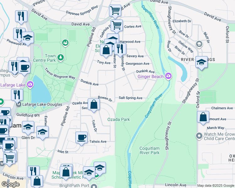 map of restaurants, bars, coffee shops, grocery stores, and more near 1209 Nestor Street in Coquitlam