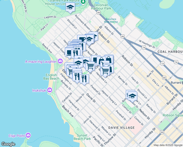 map of restaurants, bars, coffee shops, grocery stores, and more near 1560 Comox Street in Vancouver