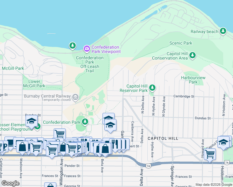 map of restaurants, bars, coffee shops, grocery stores, and more near 4769 Cambridge Street in Burnaby