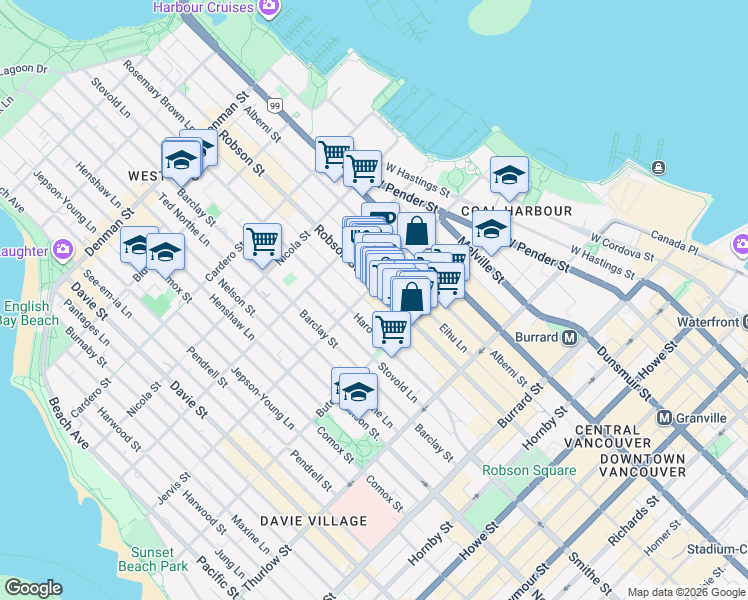 map of restaurants, bars, coffee shops, grocery stores, and more near 1290 Robson Street in Vancouver