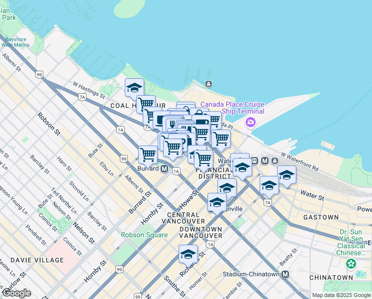 map of restaurants, bars, coffee shops, grocery stores, and more near 505 Burrard Street in Vancouver