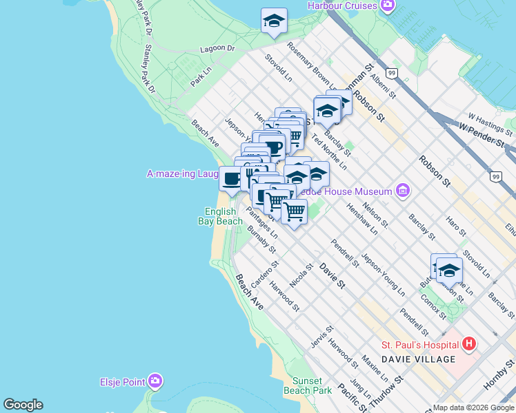 map of restaurants, bars, coffee shops, grocery stores, and more near 1750 Davie Street in Vancouver