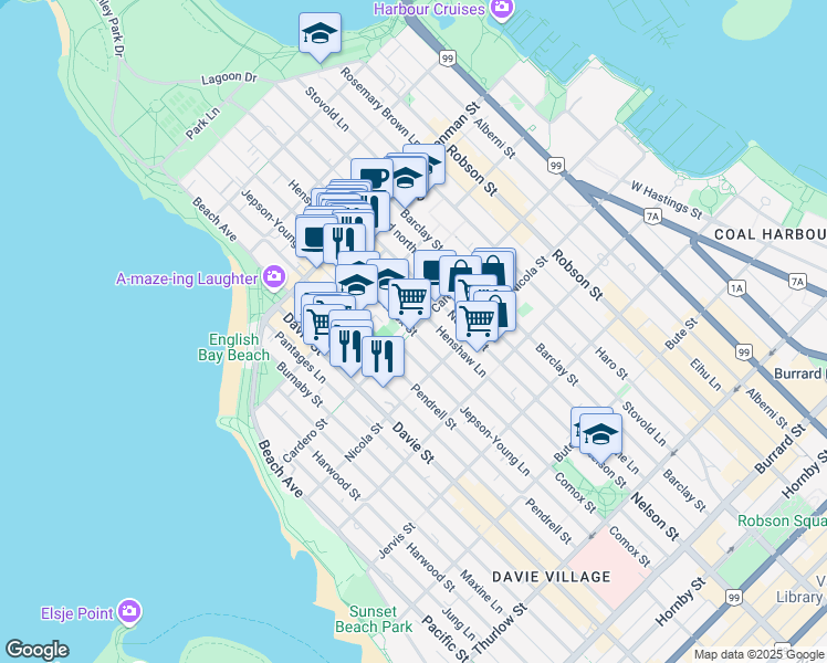 map of restaurants, bars, coffee shops, grocery stores, and more near 1060 Cardero Street in Vancouver