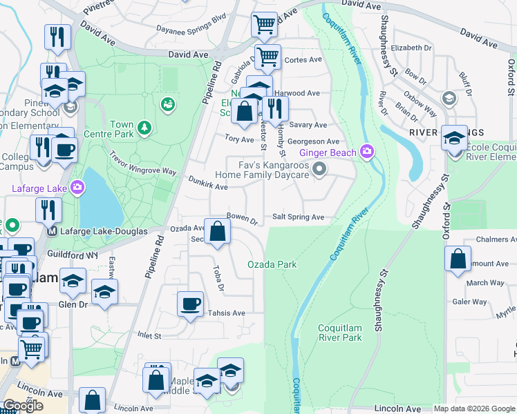 map of restaurants, bars, coffee shops, grocery stores, and more near 1210 Nestor Street in Coquitlam