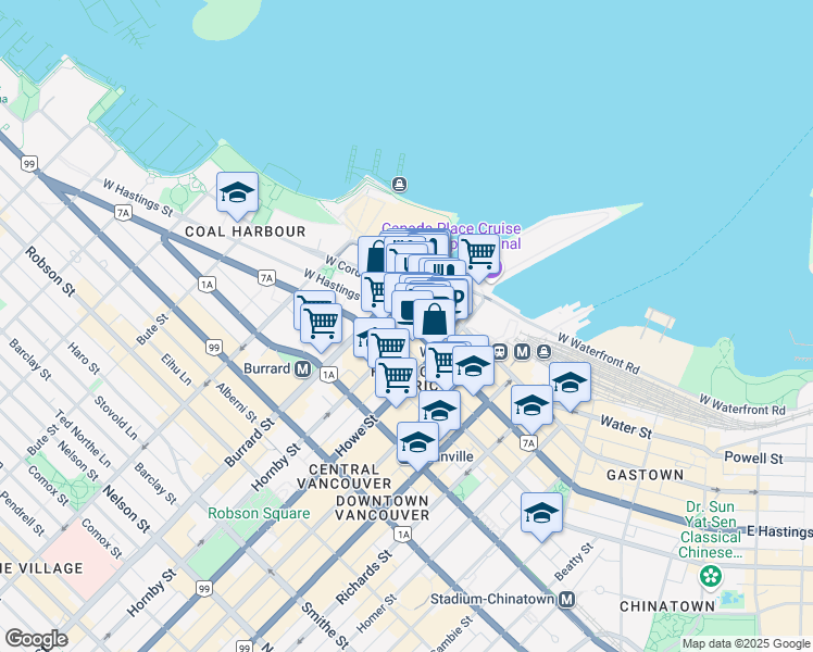 map of restaurants, bars, coffee shops, grocery stores, and more near 407 Hornby Street in Vancouver