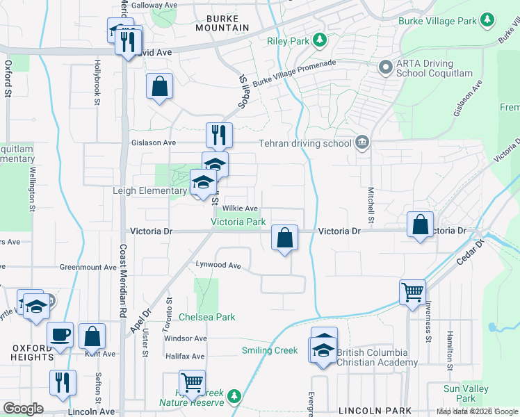map of restaurants, bars, coffee shops, grocery stores, and more near Holtby Street in Coquitlam