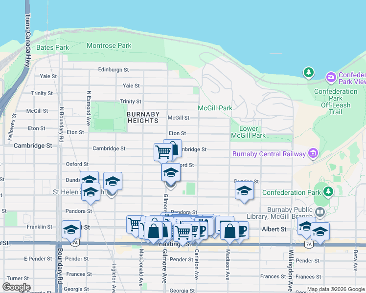 map of restaurants, bars, coffee shops, grocery stores, and more near 4135 Cambridge Street in Burnaby