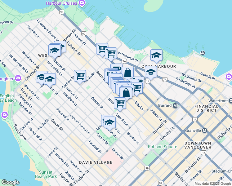 map of restaurants, bars, coffee shops, grocery stores, and more near 1290 Robson Street in Vancouver