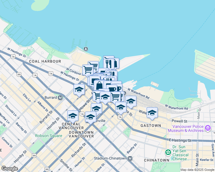 map of restaurants, bars, coffee shops, grocery stores, and more near in Vancouver