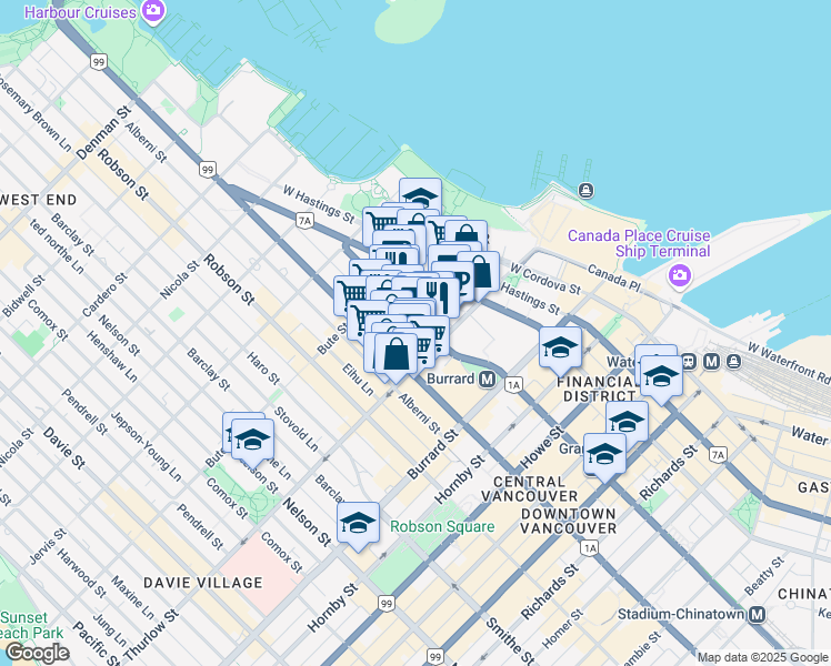 map of restaurants, bars, coffee shops, grocery stores, and more near 1100 Melville Street in Vancouver