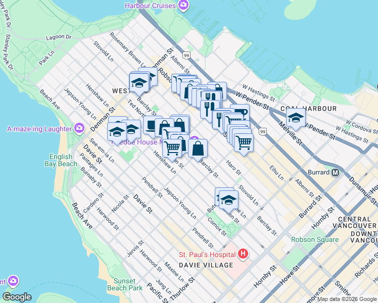 map of restaurants, bars, coffee shops, grocery stores, and more near 704-1414 Barclay Street in Vancouver