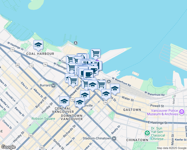 map of restaurants, bars, coffee shops, grocery stores, and more near 829 West Cordova Street in Vancouver