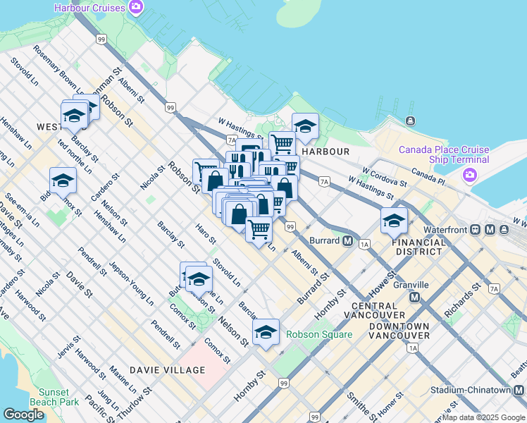 map of restaurants, bars, coffee shops, grocery stores, and more near in Vancouver