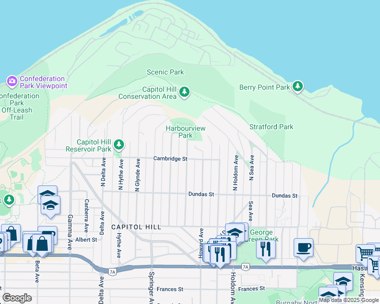 map of restaurants, bars, coffee shops, grocery stores, and more near 220 North Grosvenor Avenue in Burnaby