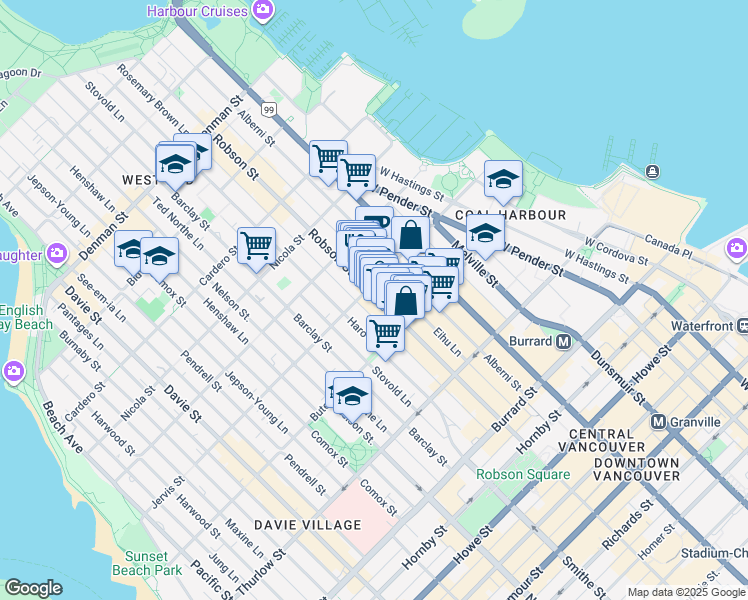 map of restaurants, bars, coffee shops, grocery stores, and more near 1290 Robson Street in Vancouver