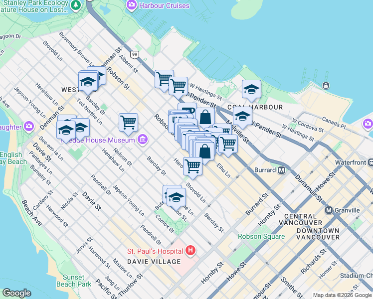 map of restaurants, bars, coffee shops, grocery stores, and more near 1284 Robson Street in Vancouver