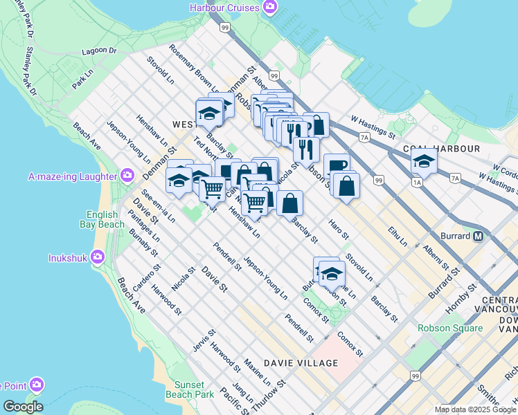 map of restaurants, bars, coffee shops, grocery stores, and more near 968 Nicola Street in Vancouver